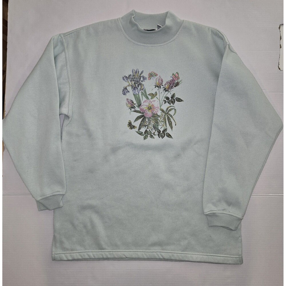 Bolo Spirit Woman's Light Blue Floral Crew Neck Pullover Sweatshirt Size S
